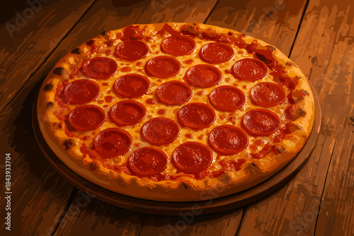 Classic Pepperoni Pizza. Classic pepperoni pizza fresh from the oven, served on a rustic wooden table, warm golden lighting,