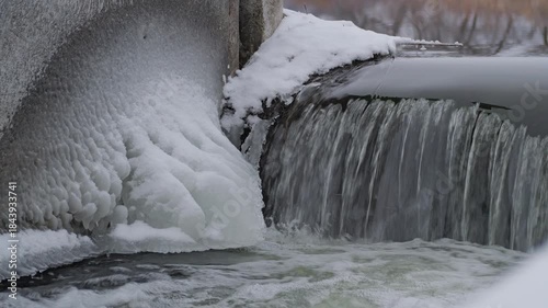 water falling over spillway in winter with audio