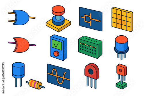 Analog Logic Essentials. Isometric vector illustration set Analog Logic: NAND logic gate, push button switch, wiring circuit,