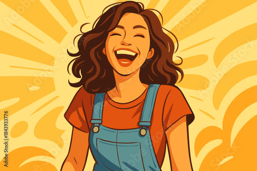 Joyful Laughter Lifestyle. Playful young woman laughing with a bright backdrop, warm natural lighting, cheerful and vector
