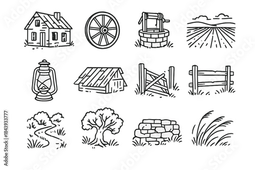 Forgotten Homestead Icons. Line style icons of Forgotten Homesteads: Abandoned House, Wagon Wheel, Dry Well, Vast Field; Rusted