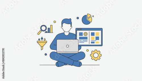 A person using a laptop surrounded by icons symbolizing analytics tools with both versions of a webpage displayed on the screen.