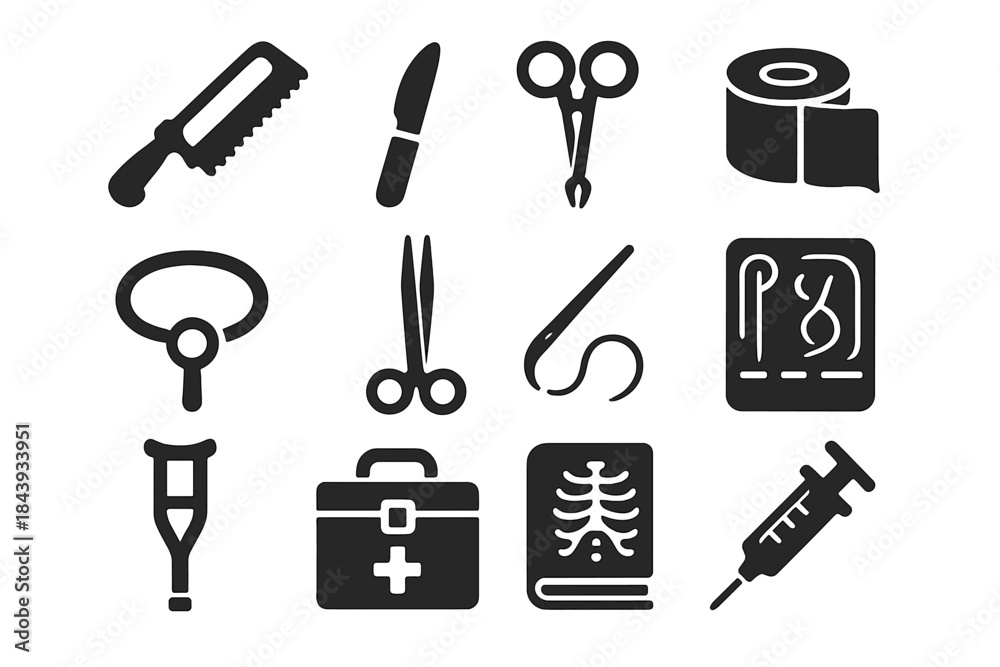 Fototapeta premium Antique Surgery Icons. Solid style icons of Antique Surgery: Bone Saw, Scalpel, Clamp, Bandage Roll, Tourniquet, Forceps, Needle,
