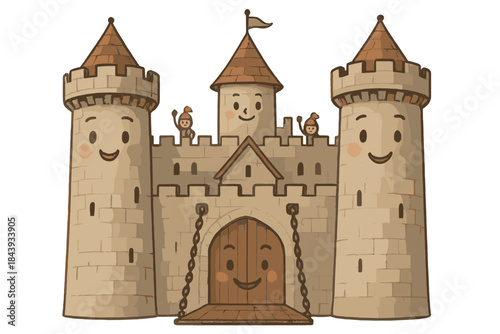 Whimsical Castle Faces. Castle architecture study with towers wearing faces, drawbridges smiling, and little guards waving from