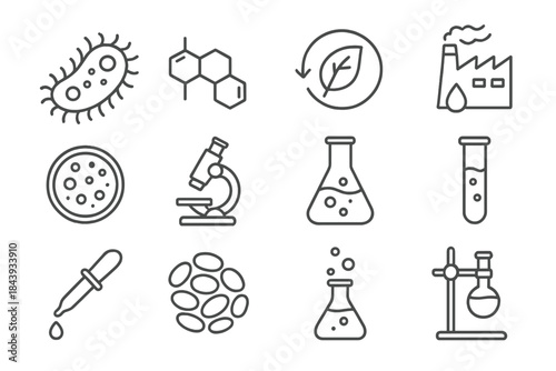 Environmental Microbiology Icons. Line style icons of Environmental Microbiology: Bacterium, Polymer Chain, Biodegradation,