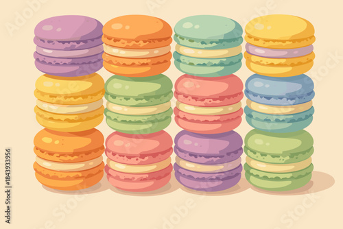 Vibrant Macaron Delight. Playful still life of colorful macarons stacked in a vibrant pattern, vector illustration soft natural