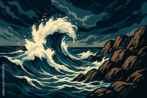 Stormy Waves Impact. Dramatic waves crashing against a rocky shore under a stormy sky, bold and powerful tones vector illustration