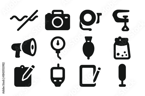 Underwater Survey Tools. Solid style icons of Underwater survey tools: transect line, underwater camera, measuring tape, caliper,