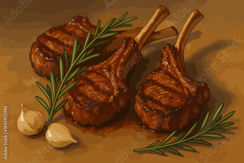 Succulent Grilled Lamb Chops. Juicy grilled lamb chops garnished with vector illustration rosemary and garlic, rich earthy tones,