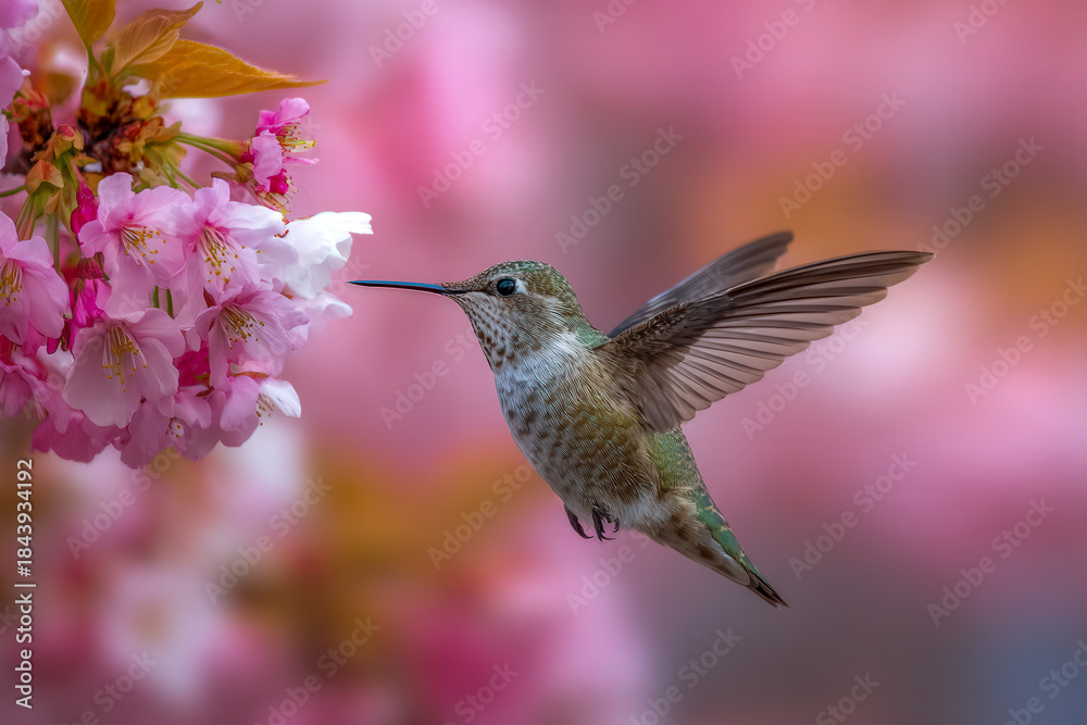 Naklejka premium A beautifully detailed hummingbird in mid-flight approaching vibrant pink cherry blossoms with a soft, colorful blurred background capturing nature?s delicate moment