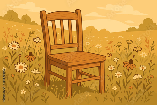 Sunlit Meadow Chair. Rustic wooden chair surrounded by wildflowers in a sunlit meadow, illuminated by soft vector illustration