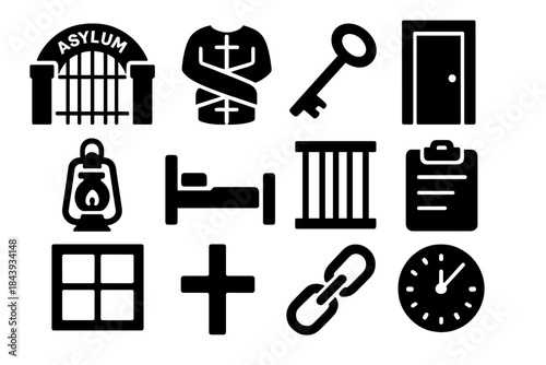 Mental Health Icons. Solid style icons of Mental Health History: Asylum Gate, Straightjacket, Key, Locked Door, Lantern, Bed, Bars