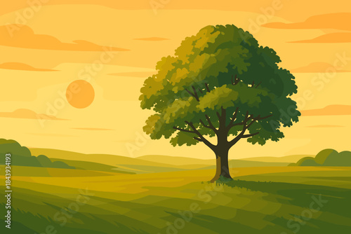 Golden Hour Serenity. Golden hour shot of a single tree standing in vector illustration an expansive green field, soft warm