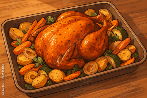 Roasted Chicken Feast. Freshly prepared roasted chicken surrounded by crispy vegetables on a tray, rich natural vector