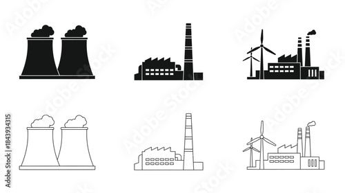 Industrial power generation icons factories wind turbines and cooling towers