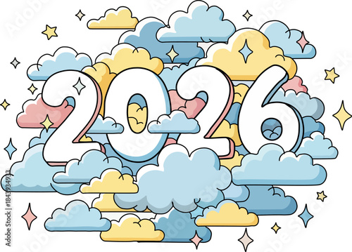 Sweet pastel colored clouds and shining stars surround the year 2026 symbolizing a whimsical new year celebration and bright future dreams perfect for any holiday greeting design