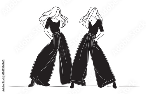 Fashion illustration. Girl in wide pants. Sketch