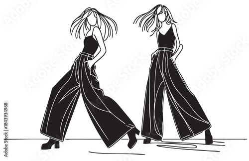 ashion illustration. Girl in wide pants. Sketch