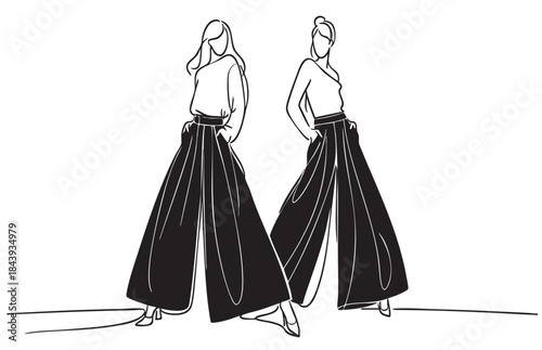 Fashion illustration. Girl in wide pants. Sketch