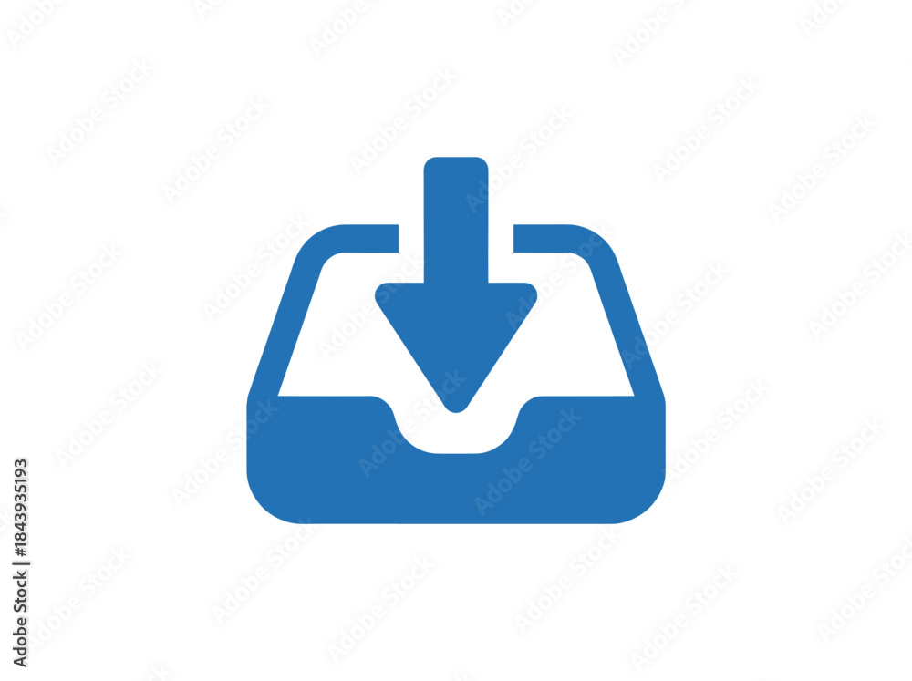 Obraz premium Blue download icon with arrow pointing into inbox tray.