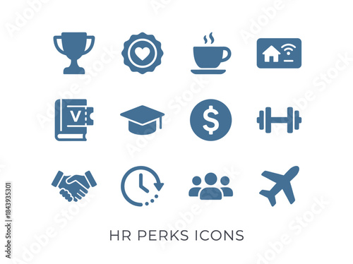 Collection of HR Perks Icons Representing Employee Benefits and Rewards.