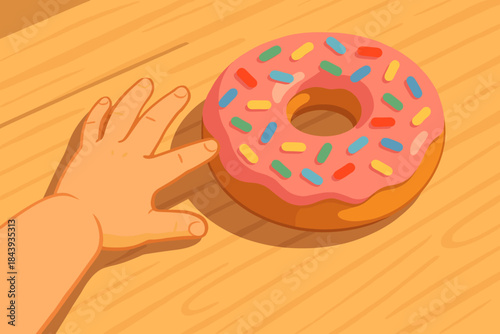 Child Reaching for Donut. Child’s hand reaching for a vector illustration colorful sprinkle-covered donut under warm natural light