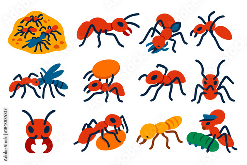 Predatory Ant Icons. Flat vector icons of ants as predators: army ant swarm, trap-jaw ant, ant biting insect, cooperative hunting,