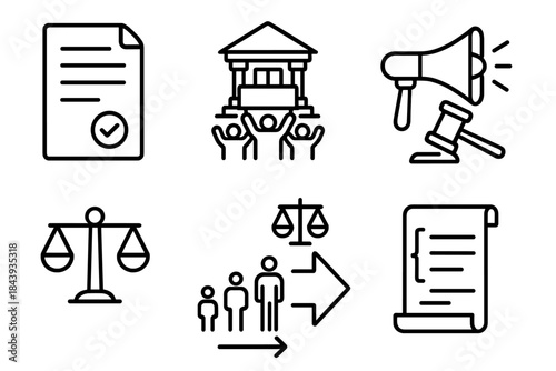 Legal Reform Icons. Line style icons of Legal Reforms and Movements: reform petition, rally outside court, megaphone and gavel,