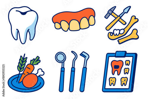 Past Dental Discoveries. Isometric vector illustration set Paleopathology of dental health: dental cavities, worn incisors,
