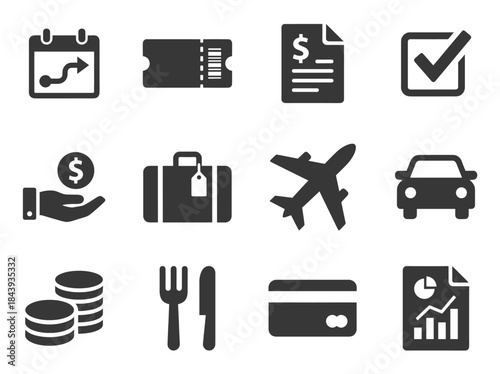 Collection of Travel and Business Icons Representing Planning and Expenses.