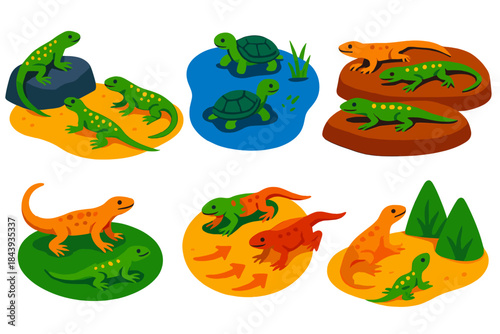 Reptile Social Learning. Isometric vector illustration set Social learning in reptiles: rock-dwelling lizards watching hunting