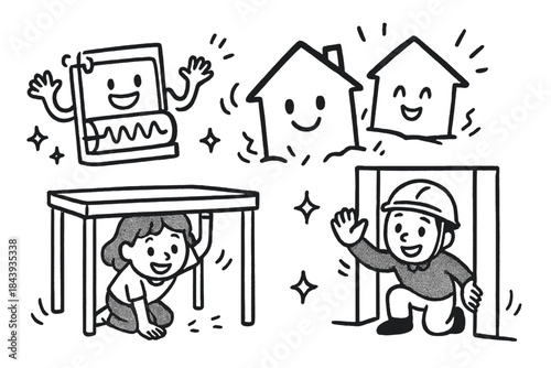 Playful Quake Preparedness. Playful doodle earthquake preparedness illustration with smiling houses, cartoon seismometers waving,