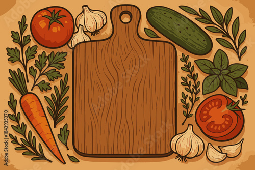 Culinary Ingredients Display. Rustic cutting board surrounded by fresh ingredients and herbs, vector illustration rich natural