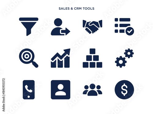 Sales and CRM Tools Icons Set for Business and Technology.
