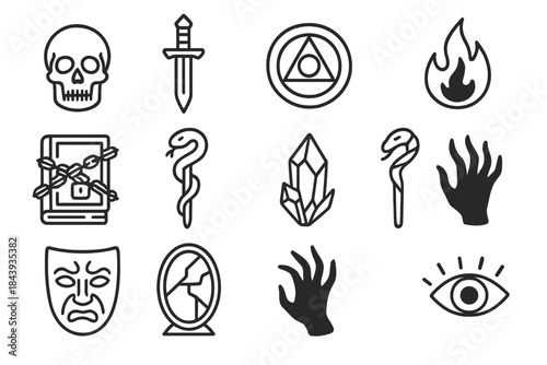 Dark Sorcery Icons. Line style icons of dark sorcery: skull, ritual dagger, spell circle, black flame; chained book, serpent staff