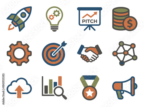 Set of Business and Startup Icons Representing Growth and Success.