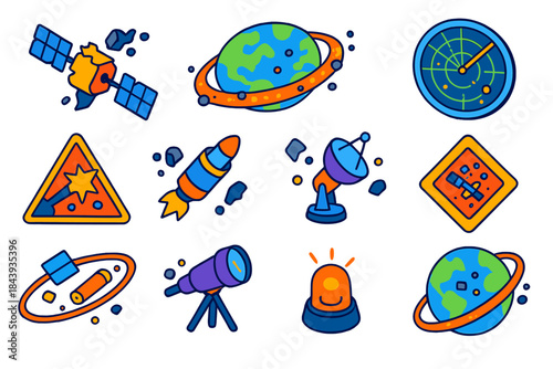 Space Debris Icons. Isometric vector illustration set Space Debris: destroyed satellite part, orbital belt, hazard collision icon,