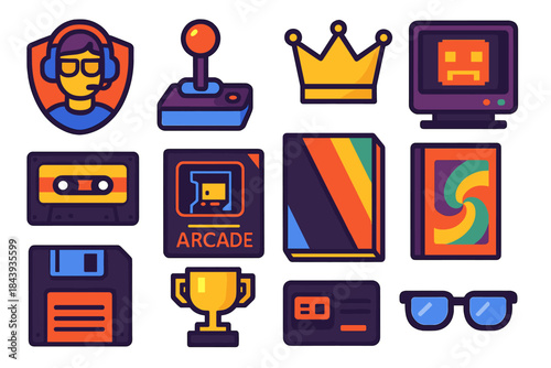 Retro Gaming Icons. Flat vector icons of Retro Gaming Culture: gamer badge, joystick cap, high score crown, game over screen, neon