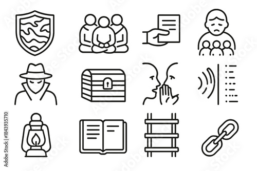 Covert Resistance Icons. Line style icons of Covert Resistance: Camouflaged Emblem, Secret Gathering, Handout, Subjugated People;