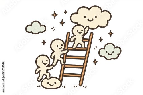 Joyful Climb. Cute doodle social mobility ladder with smiling characters ascending, cartoon clouds and platforms with faces, and