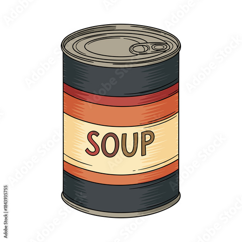 Canned soup in illustrated style with red and beige label, isolated on white background  