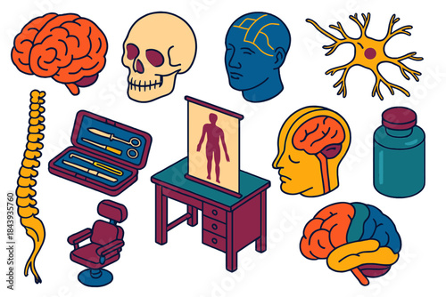 Vintage Neurology Icons. Isometric vector illustration set Vintage Neurology: human brain model, stylized skull, phrenology