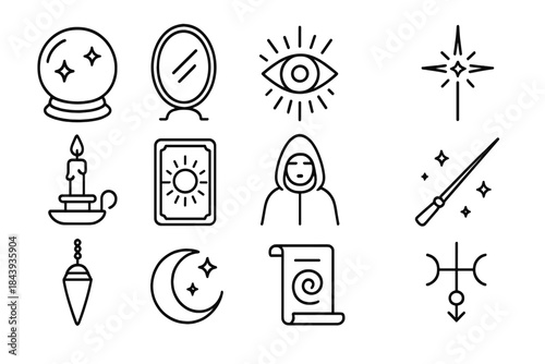 Esoteric Tools Icons. Line style icons of Esoteric Tools: Crystal Ball, Obsidian Mirror, Vision, Mystic Seer; Candle Holder, Tarot