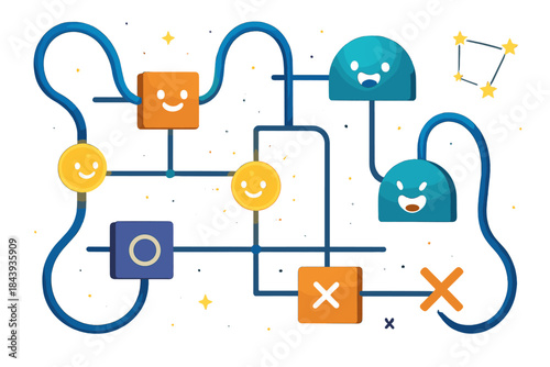 Quantum Circuitry Magic. Quantum circuitry workshop with smiling wires, playful gates, and glowing qubits forming constellations