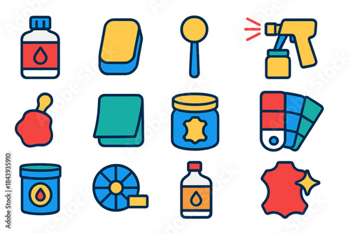Leather Dyeing Icons. Flat vector icons of leather dyeing and finishing: dye bottle, sponge applicator, wool dauber, spray gun,