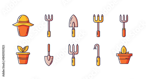 Collection of gardening tools icons in vibrant colors on a white background