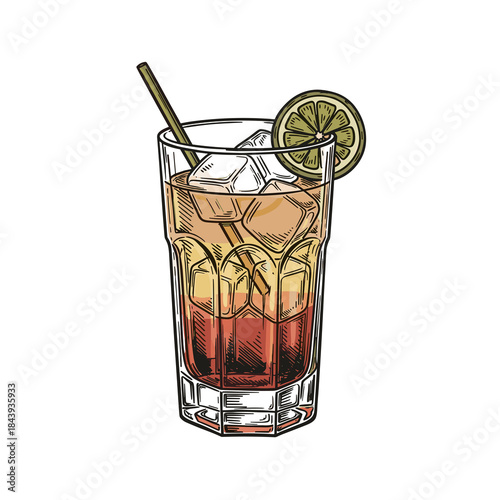 Cocktail with lime and ice in a clear glass with straw, isolated on white background  