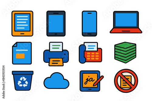 Digital vs Paper Icons. Flat vector icons of digital era and paper contrast: e-book reader, tablet, smartphone, laptop, digital