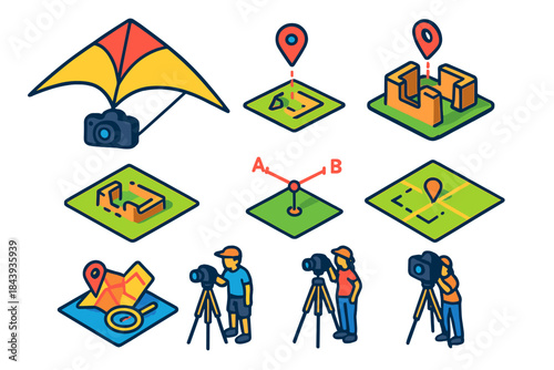Aerial Kite Survey. Isometric vector illustration set Kite aerial photography: kite with mounted camera, surveying an ancient ruin