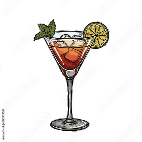 Cocktail in a glass with ice, mint, and lemon garnish, isolated on white background